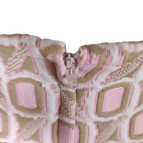 Vintage 60s Mod Knee Skirt Size XL Pink Brown Geometric Poly Jacquard - Picture 7 of 9